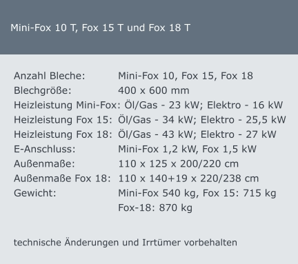 Mini-Fox 10 T, Fox 15 T und Fox 18 T technische Änderungen und Irrtümer vorbehalten Anzahl Bleche: 		Mini-Fox 10, Fox 15, Fox 18 Blechgröße:  		400 x 600 mm             Heizleistung Mini-Fox: Öl/Gas - 23 kW; Elektro - 16 kW   Heizleistung Fox 15: 	Öl/Gas - 34 kW; Elektro - 25,5 kW Heizleistung Fox 18: 	Öl/Gas - 43 kW; Elektro - 27 kW   E-Anschluss: 		Mini-Fox 1,2 kW, Fox 1,5 kW Außenmaße: 		110 x 125 x 200/220 cm Außenmaße Fox 18:	110 x 140+19 x 220/238 cm Gewicht: 			Mini-Fox 540 kg, Fox 15: 715 kg Fox-18: 870 kg
